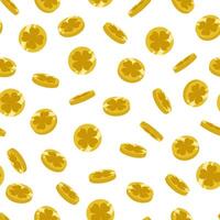 Coins with clover icons and different turns. Festive seamless pattern for St. Patrick's Day from falling money. vector