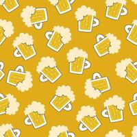 Cartoon beer mugs on yellow background. Seamless pattern for St. Patrick's Day and Oktoberfest. vector