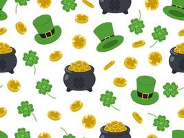 Four leaf clover, pots of gold, hats and coins. Cartoon seamless pattern for St. Patrick's Day. vector