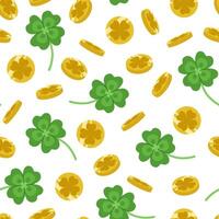 Festive St. Patrick's Day seamless pattern of falling coins made of four-leaf clovers. vector