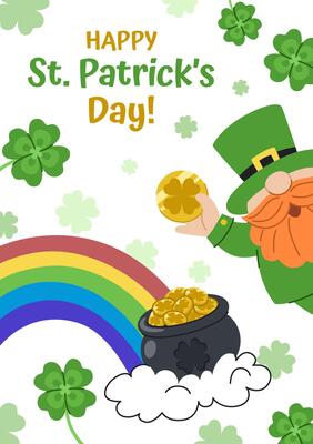 St. Patrick's Day greeting card. Cute leprechaun showing coin. Rainbow with pot of gold. Concept illustration of St. Patrick's Day party invitation.