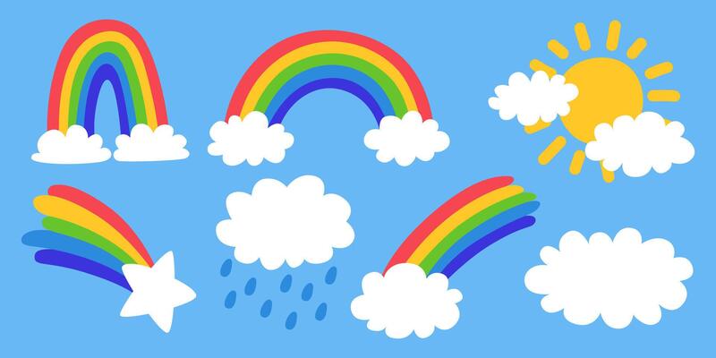 Children's cartoon set rainbow, sun, clouds and star. Summer weather elements and phenomena.