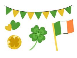Garland with green and gold flags, Irish flag, four leaf clover, heart and coin with clover icon. Festive elements set for St. Patrick's Day. vector