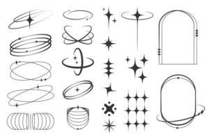 Y2K inspired abstract geometric elements, including sparkles, orbits, and futuristic frames vector
