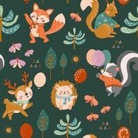 Cute woodland animals seamless pattern. Baby pattern for fabric. Deer, squirrel, fox, skunk, butterflies, forest, trees. Creative print for fabric, children's room. Nursery pattern. vector