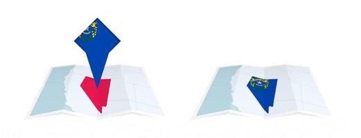 Two versions of an Nevada folded map, one with a pinned country flag and one with a flag in the map contour. Template for both print and online design. vector
