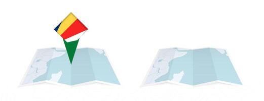 Two versions of an Seychelles folded map, one with a pinned country flag and one with a flag in the map contour. Template for both print and online design. vector