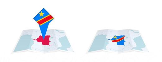 Two versions of an DR Congo folded map, one with a pinned country flag and one with a flag in the map contour. Template for both print and online design. vector