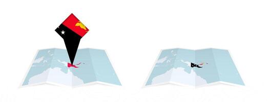 Two versions of an Papua New Guinea folded map, one with a pinned country flag and one with a flag in the map contour. Template for both print and online design. vector