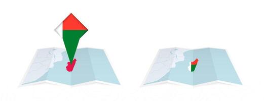 Two versions of an Madagascar folded map, one with a pinned country flag and one with a flag in the map contour. Template for both print and online design. vector
