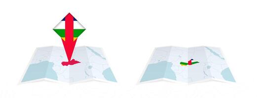 Two versions of an Central African Republic folded map, one with a pinned country flag and one with a flag in the map contour. Template for both print and online design. vector