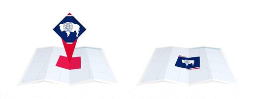 Two versions of an Wyoming folded map, one with a pinned country flag and one with a flag in the map contour. Template for both print and online design. vector