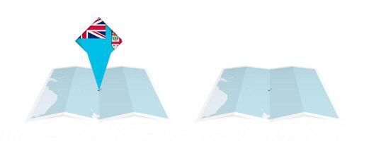 Two versions of an Fiji folded map, one with a pinned country flag and one with a flag in the map contour. Template for both print and online design. vector