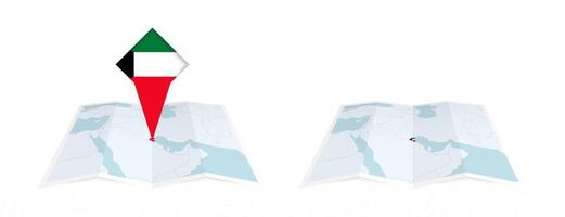 Two versions of an Kuwait folded map, one with a pinned country flag and one with a flag in the map contour. Template for both print and online design. vector