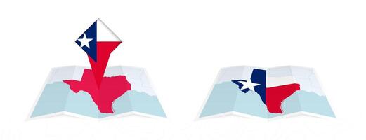 Two versions of an Texas folded map, one with a pinned country flag and one with a flag in the map contour. Template for both print and online design. vector