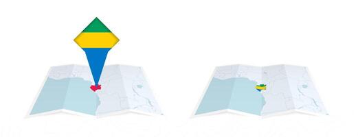 Two versions of an Gabon folded map, one with a pinned country flag and one with a flag in the map contour. Template for both print and online design. vector