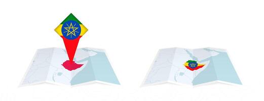 Two versions of an Ethiopia folded map, one with a pinned country flag and one with a flag in the map contour. Template for both print and online design. vector