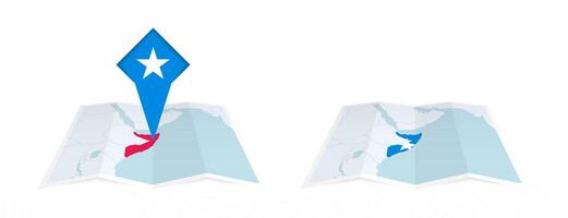 Two versions of an Somalia folded map, one with a pinned country flag and one with a flag in the map contour. Template for both print and online design. vector