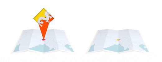Two versions of an Bhutan folded map, one with a pinned country flag and one with a flag in the map contour. Template for both print and online design. vector