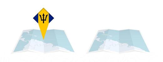 Two versions of an Barbados folded map, one with a pinned country flag and one with a flag in the map contour. Template for both print and online design. vector