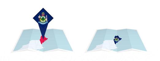 Two versions of an Maine folded map, one with a pinned country flag and one with a flag in the map contour. Template for both print and online design. vector