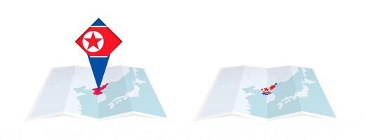 Two versions of an North Korea folded map, one with a pinned country flag and one with a flag in the map contour. Template for both print and online design. vector