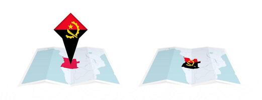 Two versions of an Angola folded map, one with a pinned country flag and one with a flag in the map contour. Template for both print and online design. vector