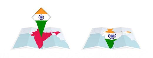 Two versions of an India folded map, one with a pinned country flag and one with a flag in the map contour. Template for both print and online design. vector