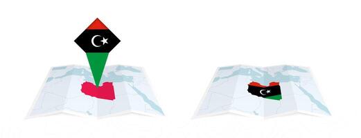 Two versions of an Libya folded map, one with a pinned country flag and one with a flag in the map contour. Template for both print and online design. vector