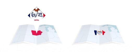 Two versions of an Iowa folded map, one with a pinned country flag and one with a flag in the map contour. Template for both print and online design. vector