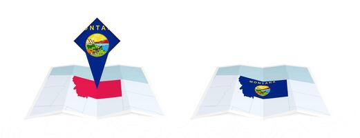 Two versions of an Montana folded map, one with a pinned country flag and one with a flag in the map contour. Template for both print and online design. vector