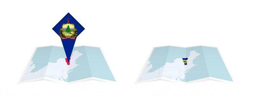 Two versions of an Vermont folded map, one with a pinned country flag and one with a flag in the map contour. Template for both print and online design. vector