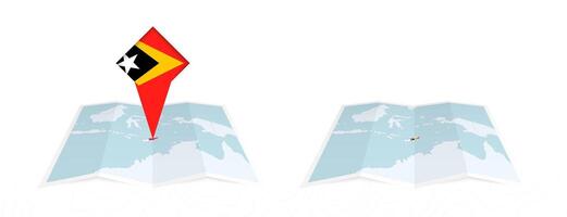 Two versions of an East Timor folded map, one with a pinned country flag and one with a flag in the map contour. Template for both print and online design. vector