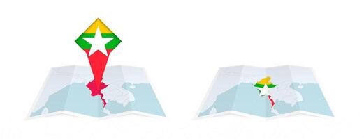 Two versions of an Myanmar folded map, one with a pinned country flag and one with a flag in the map contour. Template for both print and online design. vector