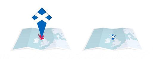 Two versions of an Scotland folded map, one with a pinned country flag and one with a flag in the map contour. Template for both print and online design. vector