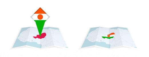 Two versions of an Niger folded map, one with a pinned country flag and one with a flag in the map contour. Template for both print and online design. vector