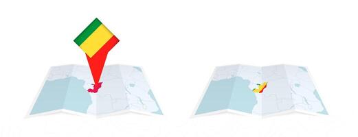 Two versions of an Congo folded map, one with a pinned country flag and one with a flag in the map contour. Template for both print and online design. vector