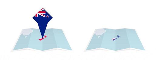 Two versions of an New Zealand folded map, one with a pinned country flag and one with a flag in the map contour. Template for both print and online design. vector