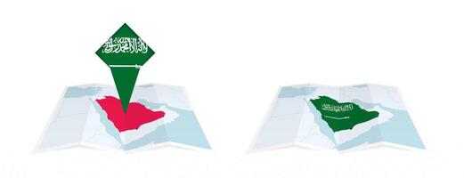Two versions of an Saudi Arabia folded map, one with a pinned country flag and one with a flag in the map contour. Template for both print and online design. vector