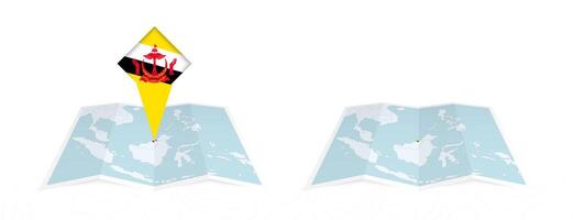 Two versions of an Brunei folded map, one with a pinned country flag and one with a flag in the map contour. Template for both print and online design. vector