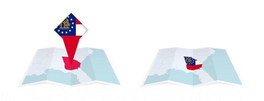 Two versions of an US State Georgia folded map, one with a pinned country flag and one with a flag in the map contour. Template for both print and online design. vector