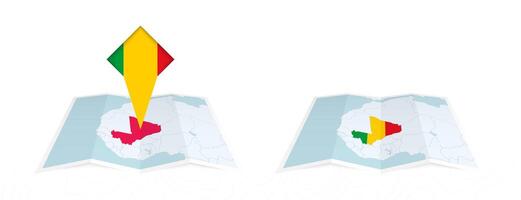 Two versions of an Mali folded map, one with a pinned country flag and one with a flag in the map contour. Template for both print and online design. vector