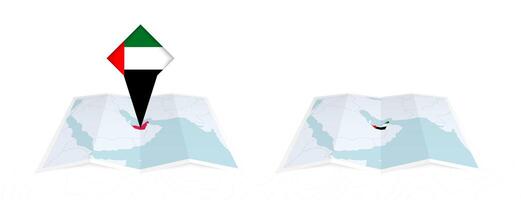 Two versions of an United Arab Emirates folded map, one with a pinned country flag and one with a flag in the map contour. Template for both print and online design. vector