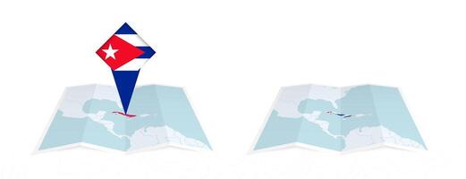 Two versions of an Cuba folded map, one with a pinned country flag and one with a flag in the map contour. Template for both print and online design. vector