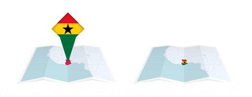 Two versions of an Ghana folded map, one with a pinned country flag and one with a flag in the map contour. Template for both print and online design. vector