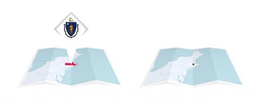 Two versions of an Massachusetts folded map, one with a pinned country flag and one with a flag in the map contour. Template for both print and online design. vector