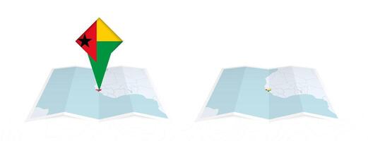Two versions of an Guinea-Bissau folded map, one with a pinned country flag and one with a flag in the map contour. Template for both print and online design. vector