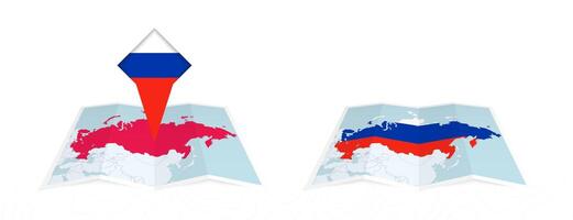 Two versions of an Russia folded map, one with a pinned country flag and one with a flag in the map contour. Template for both print and online design. vector
