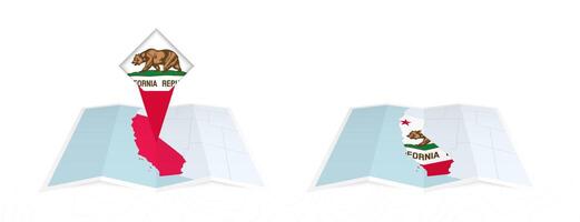 Two versions of an California folded map, one with a pinned country flag and one with a flag in the map contour. Template for both print and online design. vector