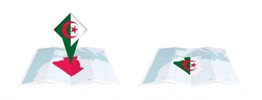 Two versions of an Algeria folded map, one with a pinned country flag and one with a flag in the map contour. Template for both print and online design. vector